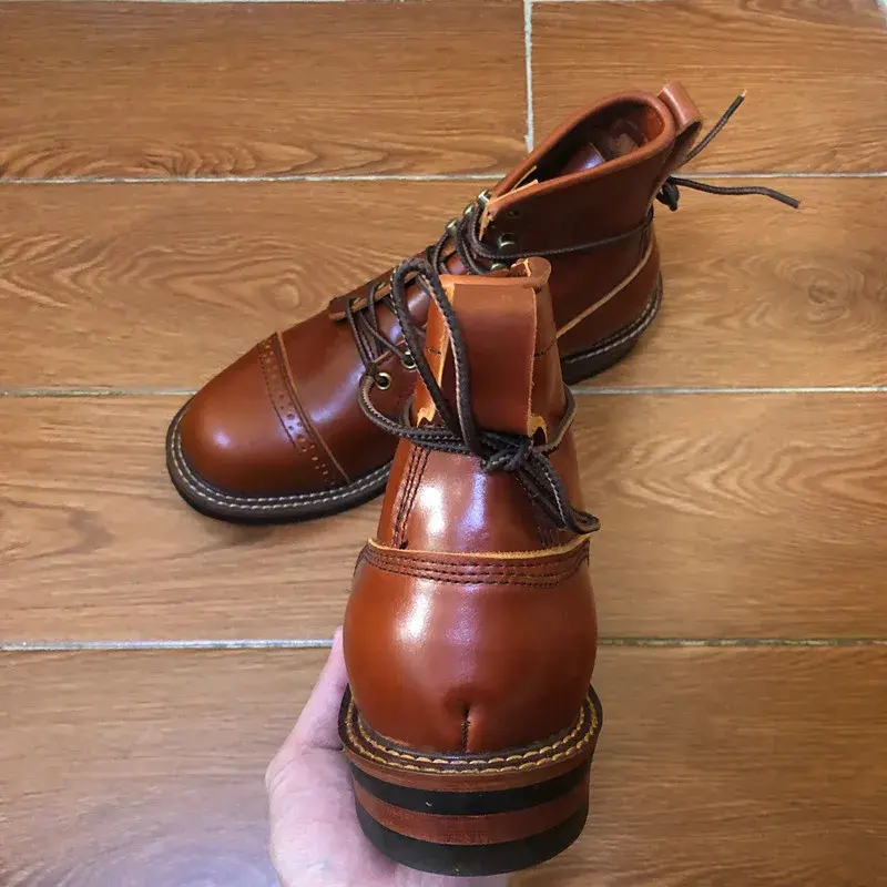 New Vintage British Round Toe Men Shoes Lace-Up Genuine Cow Leather Ankle Boots Work Dress Motorcycle Boots Red Brown Casual