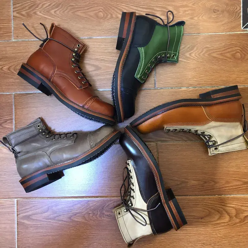 New Vintage British Round Toe Men Shoes Lace-Up Genuine Cow Leather Ankle Boots Work Dress Motorcycle Boots Red Brown Casual