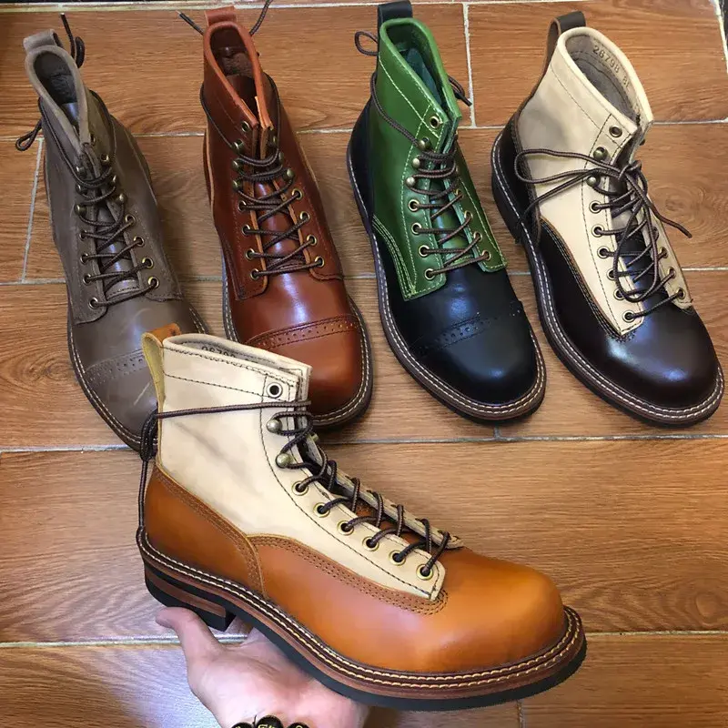 New Vintage British Round Toe Men Shoes Lace-Up Genuine Cow Leather Ankle Boots Work Dress Motorcycle Boots Red Brown Casual