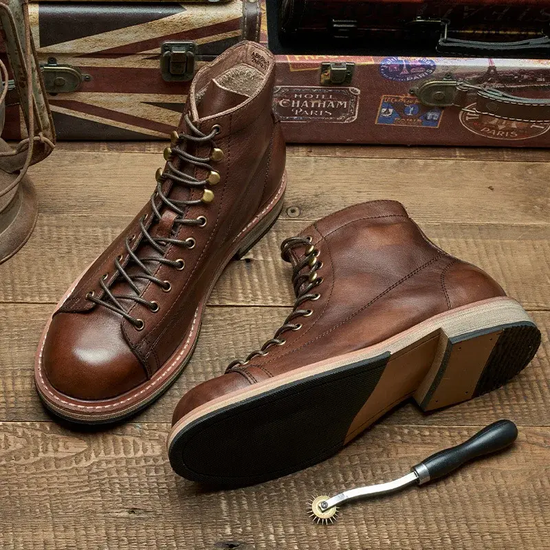 Handmade British Big Size Men Boots Dress Cow Leather Shoes Autumn Winter Motorcycle Boots Outdoor Tooling Platform Boots Work