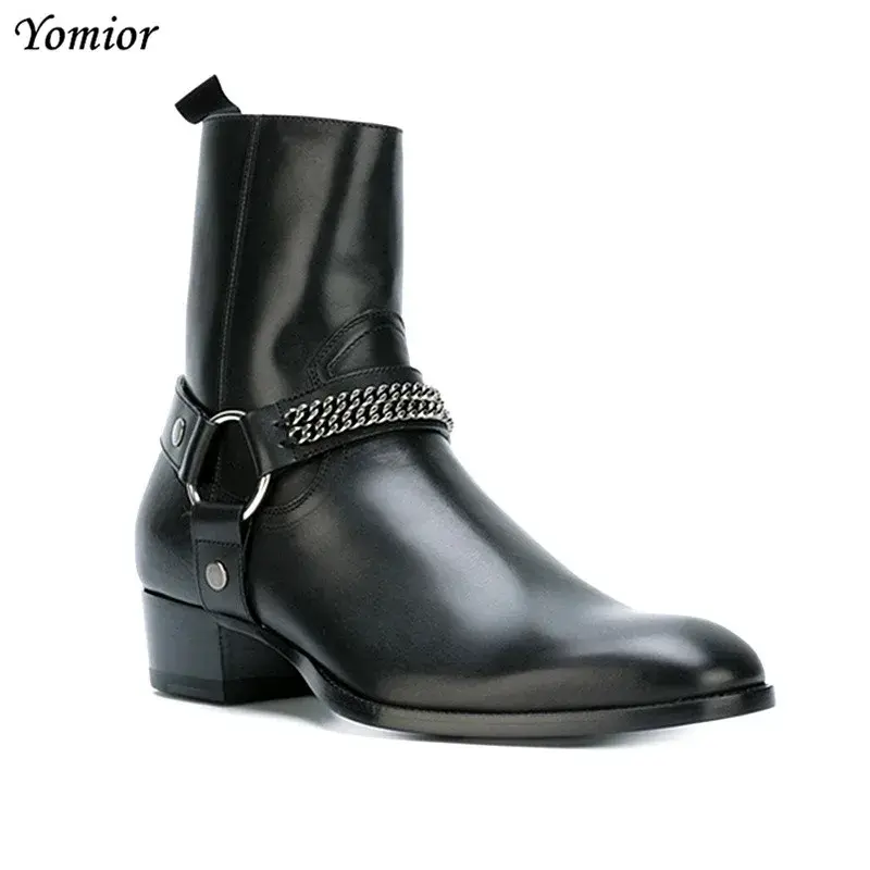 British Style Mens Chelsea Boots Elegant Slip-On Male Real Cow Leather Ankle Boots Trendy Fashion Ring Chain Casual Shoes