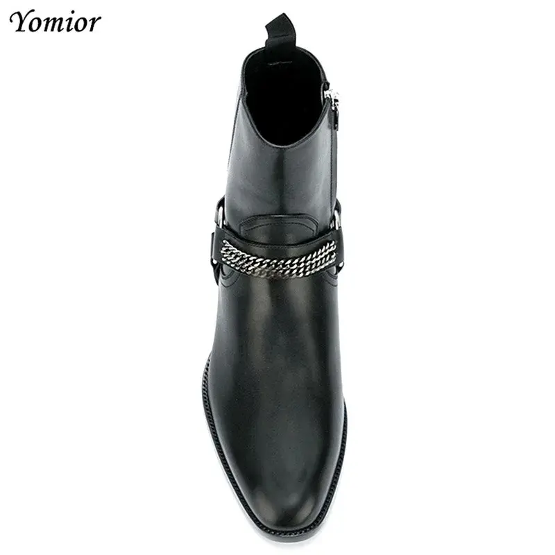 British Style Mens Chelsea Boots Elegant Slip-On Male Real Cow Leather Ankle Boots Trendy Fashion Ring Chain Casual Shoes