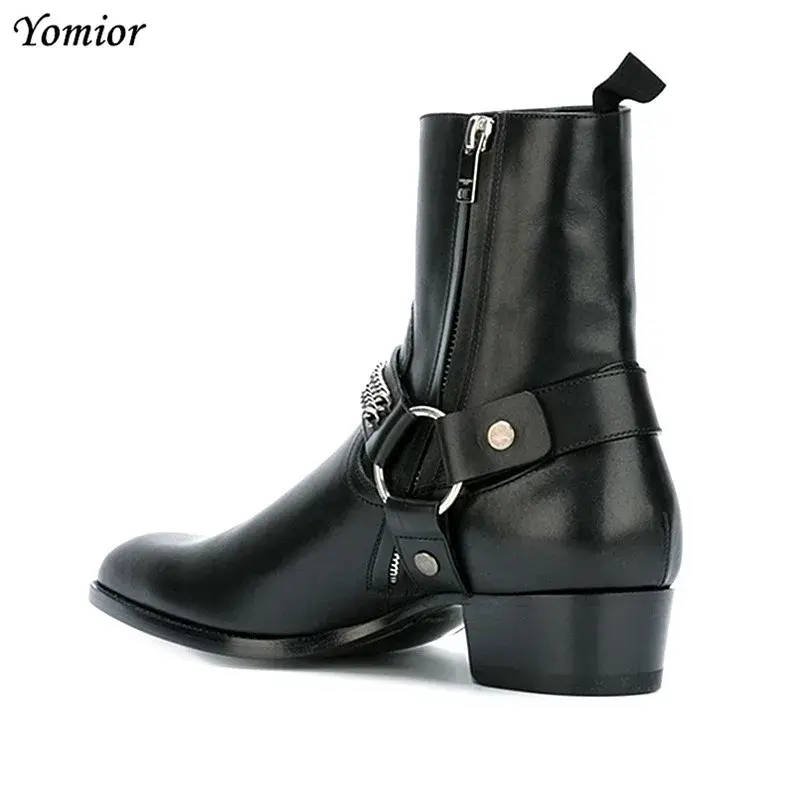 British Style Mens Chelsea Boots Elegant Slip-On Male Real Cow Leather Ankle Boots Trendy Fashion Ring Chain Casual Shoes