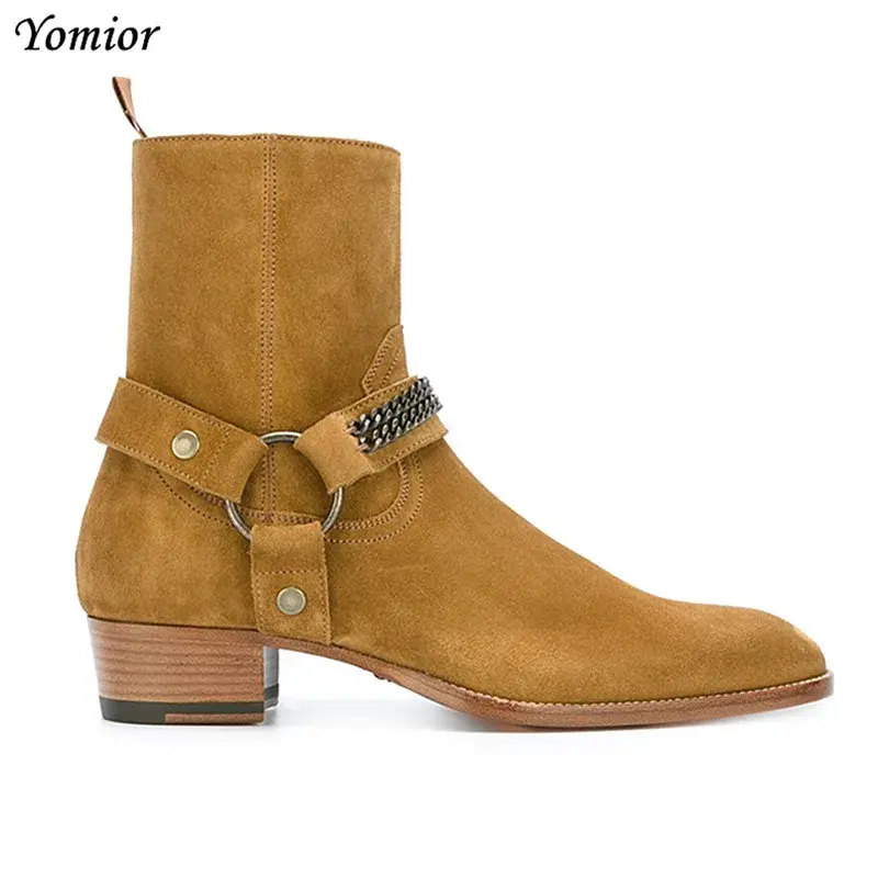 British Style Mens Chelsea Boots Elegant Slip-On Male Real Cow Leather Ankle Boots Trendy Fashion Ring Chain Casual Shoes