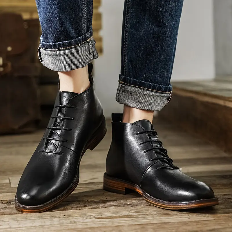 Autumn Winter Vintage British Casual Men Shoes Handmade Ankle Boots Cow Leather Pointed Toe Chelsea Boots Big Size Work Western