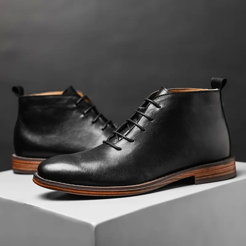 Autumn Winter Vintage British Casual Men Shoes Handmade Ankle Boots Cow Leather Pointed Toe Chelsea Boots Big Size Work Western