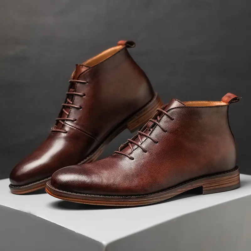Autumn Winter Vintage British Casual Men Shoes Handmade Ankle Boots Cow Leather Pointed Toe Chelsea Boots Big Size Work Western