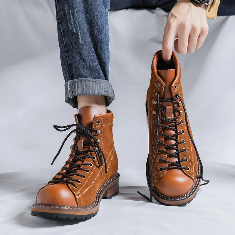 Men Ankle Boots Handmade Vintage British Dress Leather Shoes Autumn Winter Tooling Desert Boots Outdoor Work Motorcycle Boots