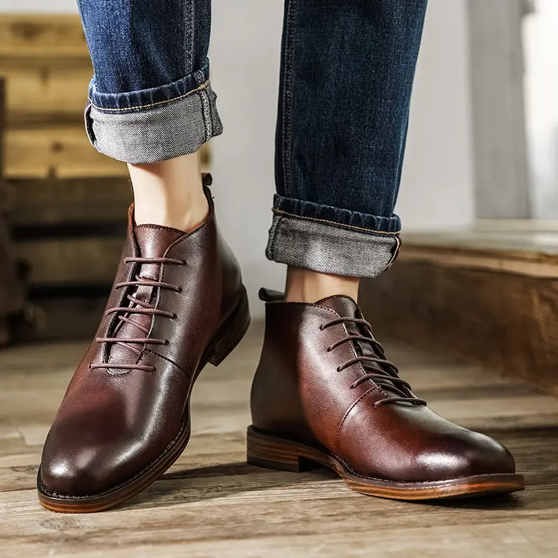 Autumn Winter Vintage British Casual Men Shoes Handmade Ankle Boots Cow Leather Pointed Toe Chelsea Boots Big Size Work Western