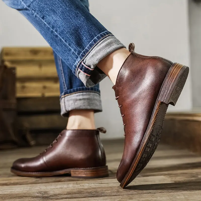 Autumn Winter Vintage British Casual Men Shoes Handmade Ankle Boots Cow Leather Pointed Toe Chelsea Boots Big Size Work Western