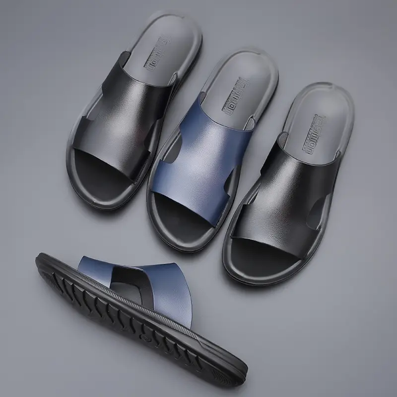 Yomior New Fashion Casual Men Shoe Flats Summer Slides Outside Sandals Beach Work Slippers Soft Leather Flip Flop Shoes Designer
