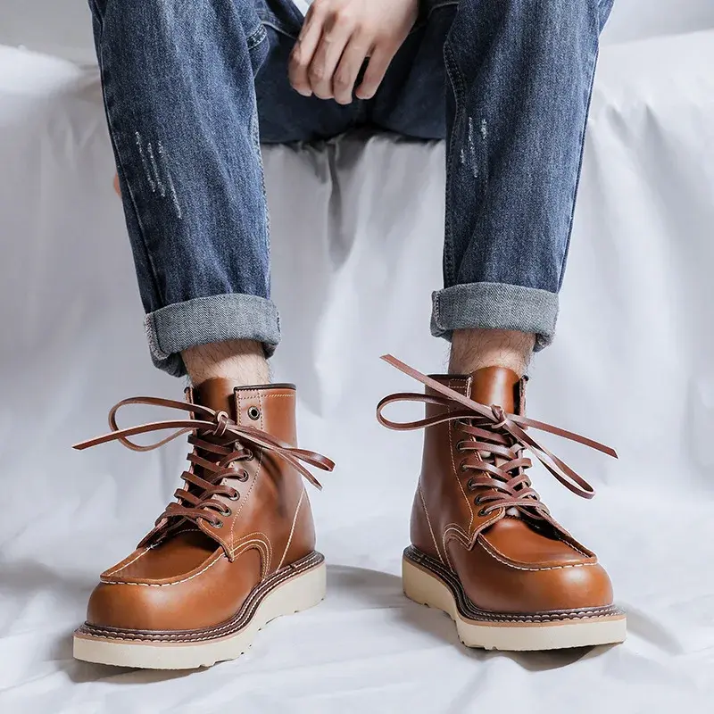 New Handmade Spring Autumn Vintage Men Ankle Boots Dress Leather Shoes British Outdoor Work Tooling Boots Desert Motorcycle Boot