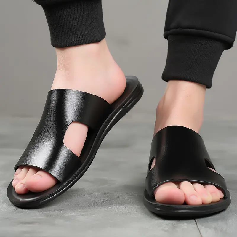 Yomior New Fashion Casual Men Shoe Flats Summer Slides Outside Sandals Beach Work Slippers Soft Leather Flip Flop Shoes Designer