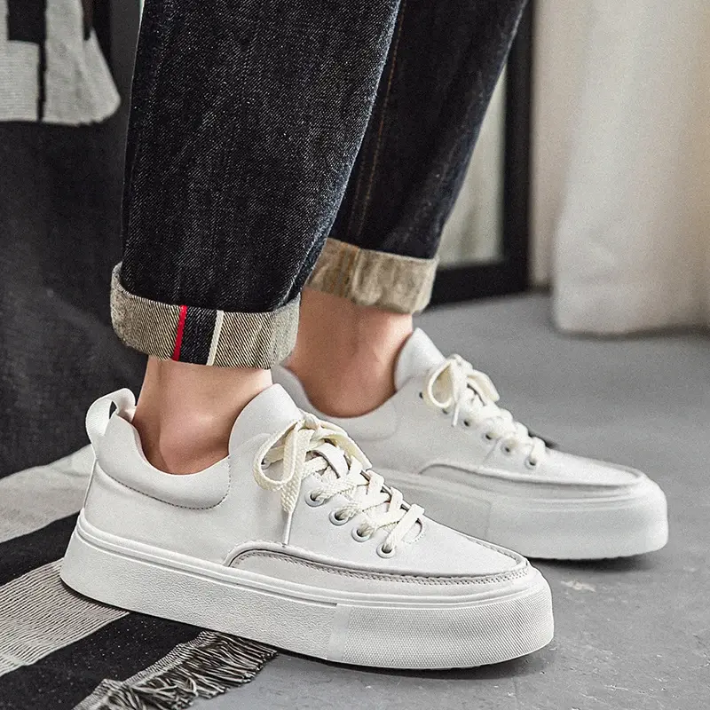 New Spring Casual Men White Shoes Fashion Korea Real Leather Height Increasing Breathable Loafers Lace-up Luxury Sneakers