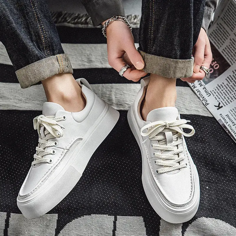 New Spring Casual Men White Shoes Fashion Korea Real Leather Height Increasing Breathable Loafers Lace-up Luxury Sneakers