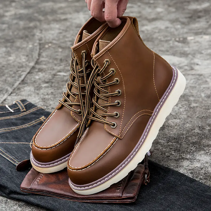 Vintage British Casual Men Shoes Handmade Autumn Winter Snow Plush Warm Ankle Boots Wings Round Toe Motorcycle Boots Cow Leather