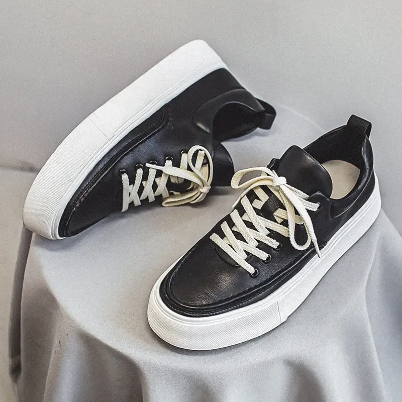 New Spring Casual Men White Shoes Fashion Korea Real Leather Height Increasing Breathable Loafers Lace-up Luxury Sneakers
