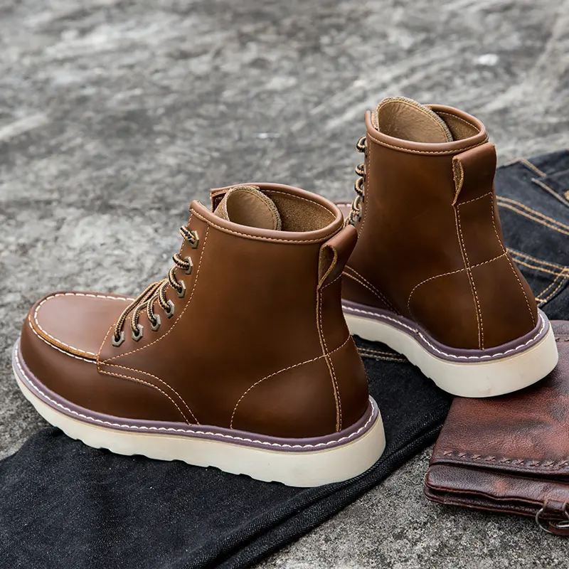 Vintage British Casual Men Shoes Handmade Autumn Winter Snow Plush Warm Ankle Boots Wings Round Toe Motorcycle Boots Cow Leather