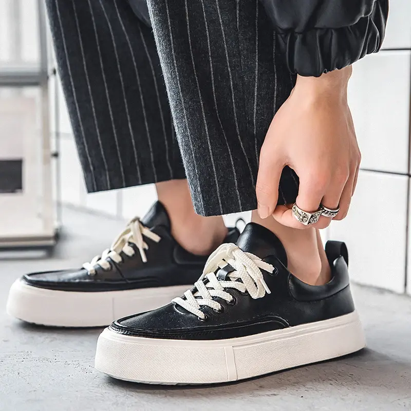 New Spring Casual Men White Shoes Fashion Korea Real Leather Height Increasing Breathable Loafers Lace-up Luxury Sneakers