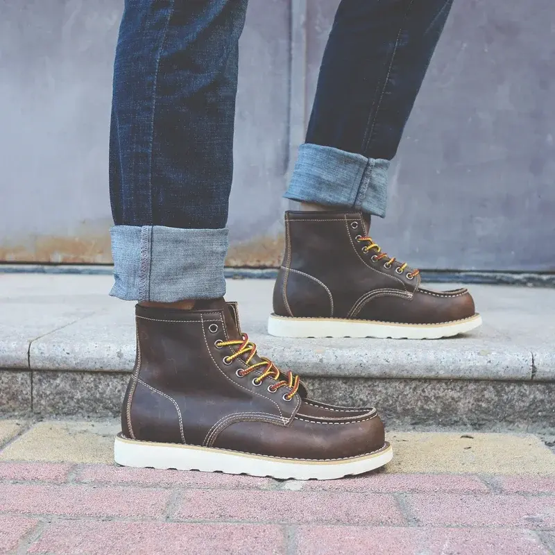 New Spring Autumn Handmade Men Casual Shoes Cow Leather Vintage British Ankle Boots Wings Tooling Lace-Up Desert Motorcycle Boot
