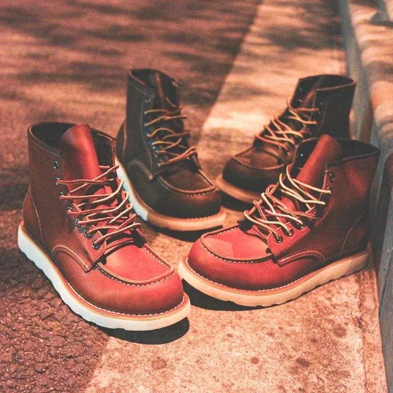 New Spring Autumn Handmade Men Casual Shoes Cow Leather Vintage British Ankle Boots Wings Tooling Lace-Up Desert Motorcycle Boot