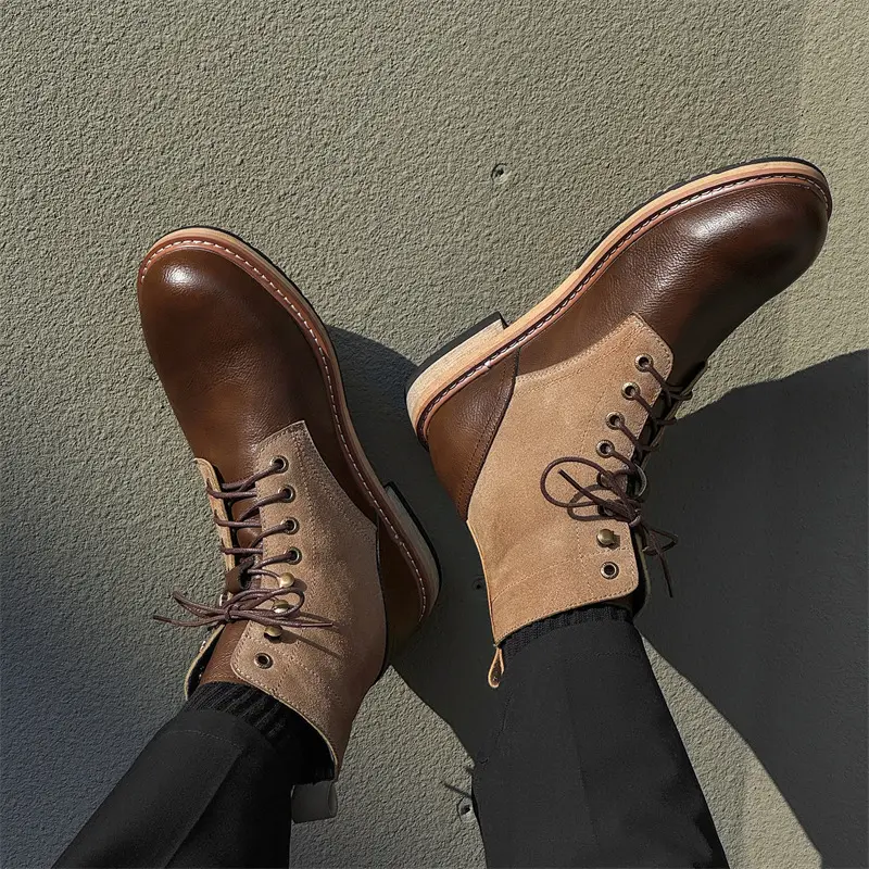 New Handmade High Quality Men Leather Shoes Vintage British Autumn Winter Platform Boots Tooling Outdoor Motorcylce Boots