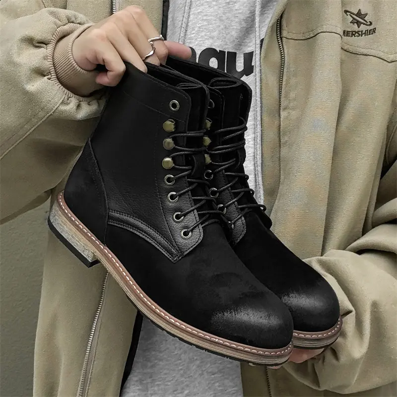 New Handmade High Quality Men Leather Shoes Vintage British Autumn Winter Platform Boots Tooling Outdoor Motorcylce Boots