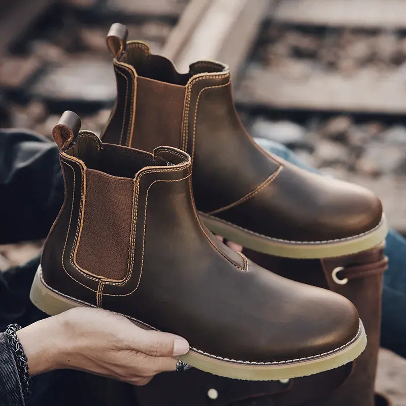 Vintage British Men Casual Shoes Handmade Real Leather Autumn Winter Round Toe Ankle Boots Outdoor Tooling Work Chelsea Boots
