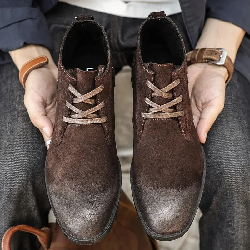 New Handmade Vintage British Men Cow Suede Ankle Boots Lace-up Real Leather Shoes Designer Work Tooling Boots Motorcycle Boots
