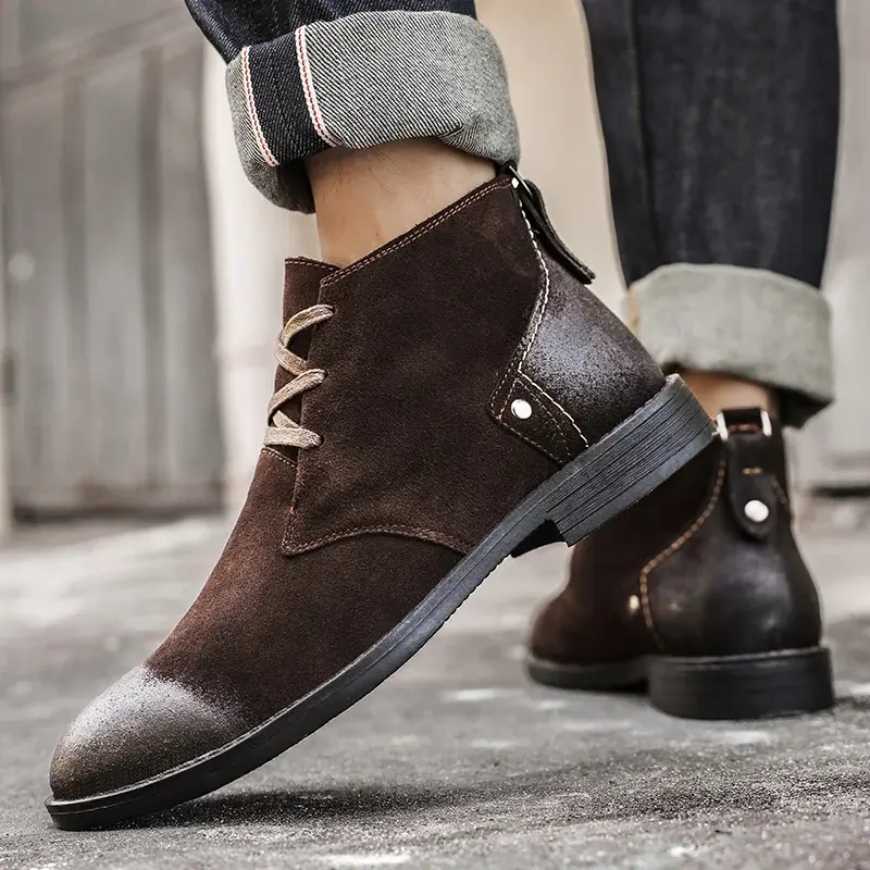 New Handmade Vintage British Men Cow Suede Ankle Boots Lace-up Real Leather Shoes Designer Work Tooling Boots Motorcycle Boots