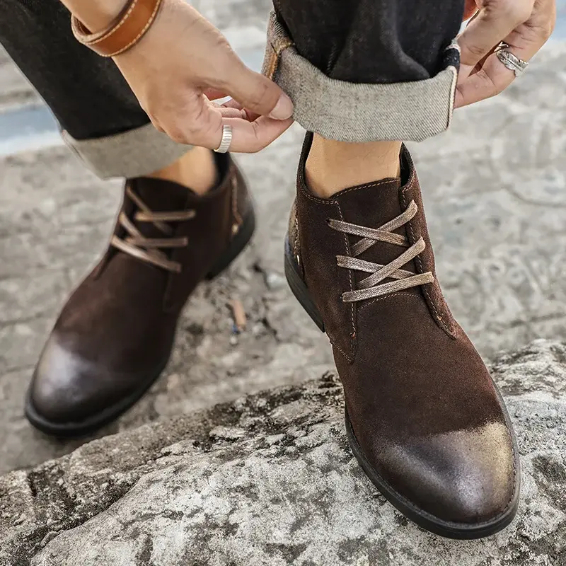 New Handmade Vintage British Men Cow Suede Ankle Boots Lace-up Real Leather Shoes Designer Work Tooling Boots Motorcycle Boots