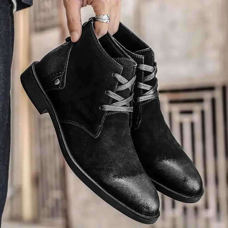 New Handmade Vintage British Men Cow Suede Ankle Boots Lace-up Real Leather Shoes Designer Work Tooling Boots Motorcycle Boots