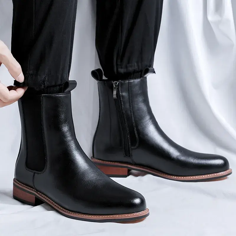 New British Men Tooling Chelsea Boots Dress Autumn Winter Business Leather Shoes Platform Boots Casual Zipper Safety Shoes