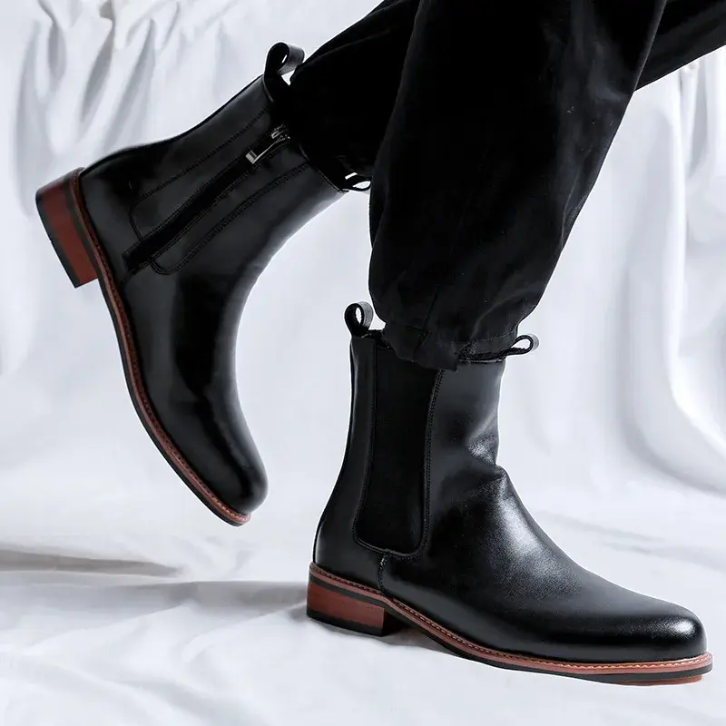 New British Men Tooling Chelsea Boots Dress Autumn Winter Business Leather Shoes Platform Boots Casual Zipper Safety Shoes