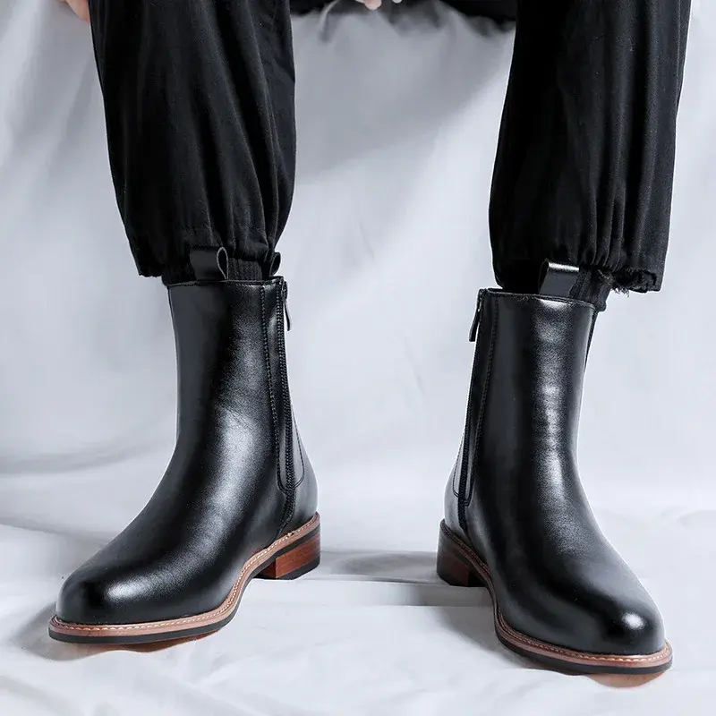 New British Men Tooling Chelsea Boots Dress Autumn Winter Business Leather Shoes Platform Boots Casual Zipper Safety Shoes
