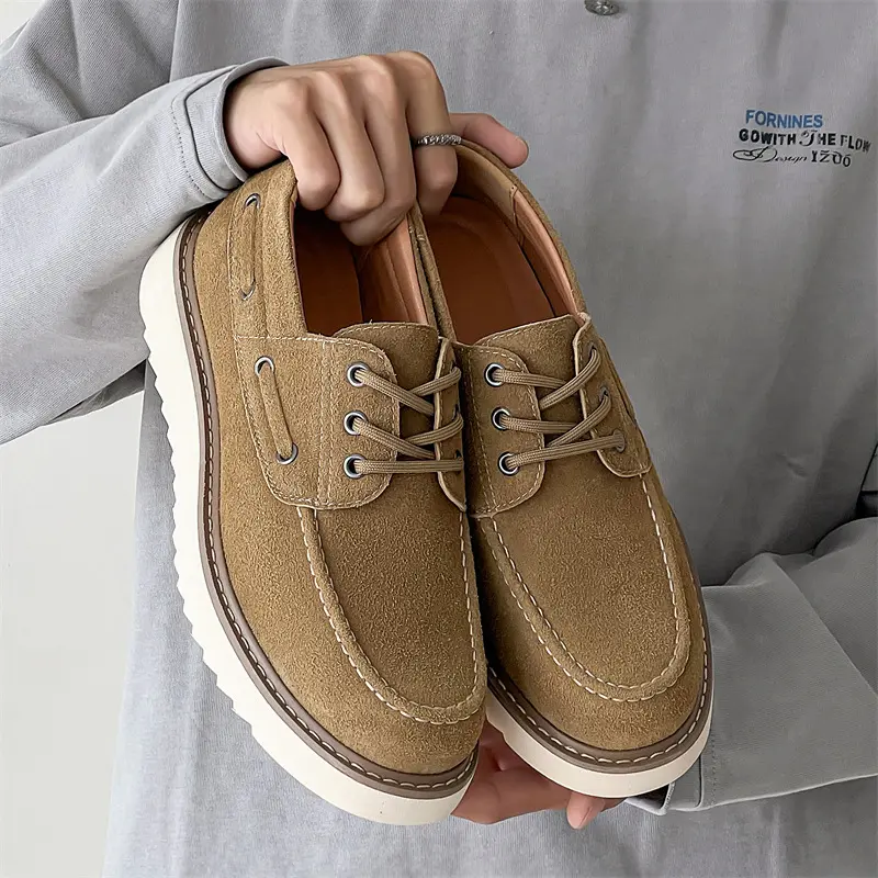 Fashion Vintage British Men Cow Suede Leather Shoes Autumn Spring Luxury Designer Shoe Sneakers Men Breathable Height Increasing