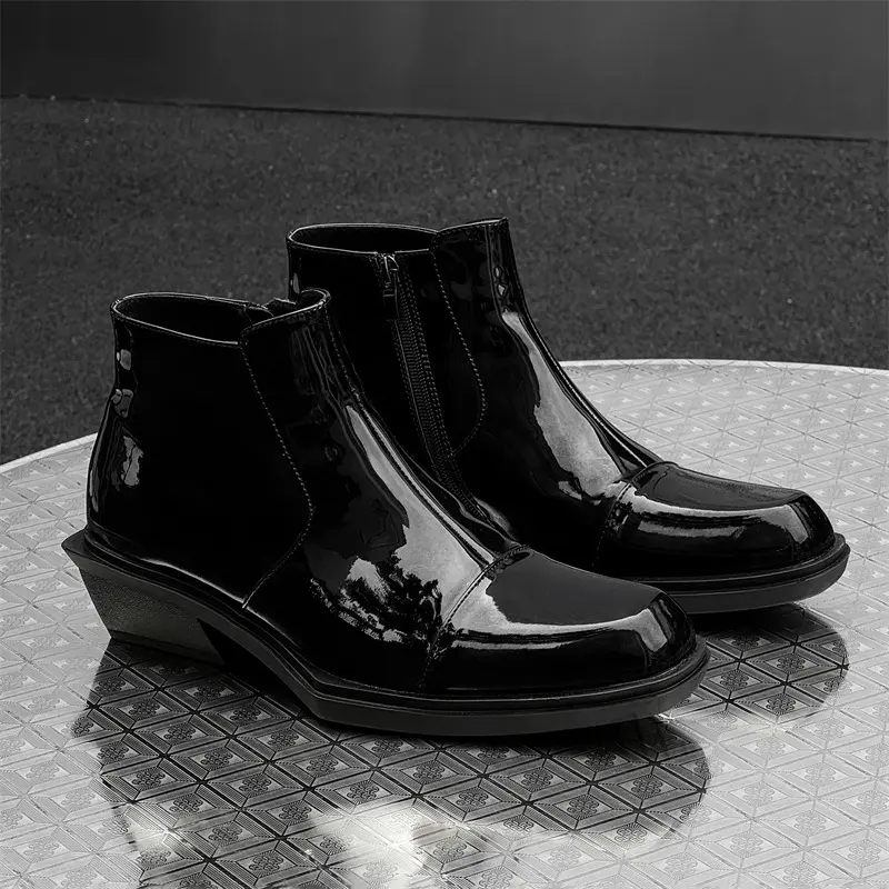 New Black Patent Leather Business Men Shoes Outdoor Fashion Autumn Winter Ankle Boots Vintage British Chelsea Boots Platform