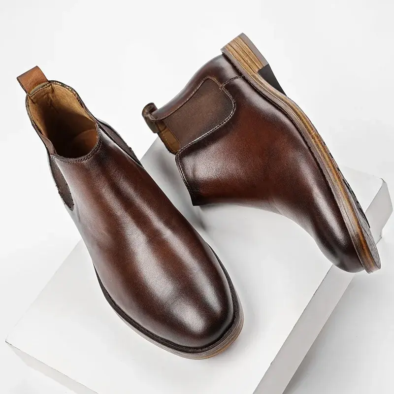 Fashion Casual Men Shoes High Quality Cow Leather Dress Ankle Boots Handmade Vintage British Work Business Chelsea Boots Slip-On