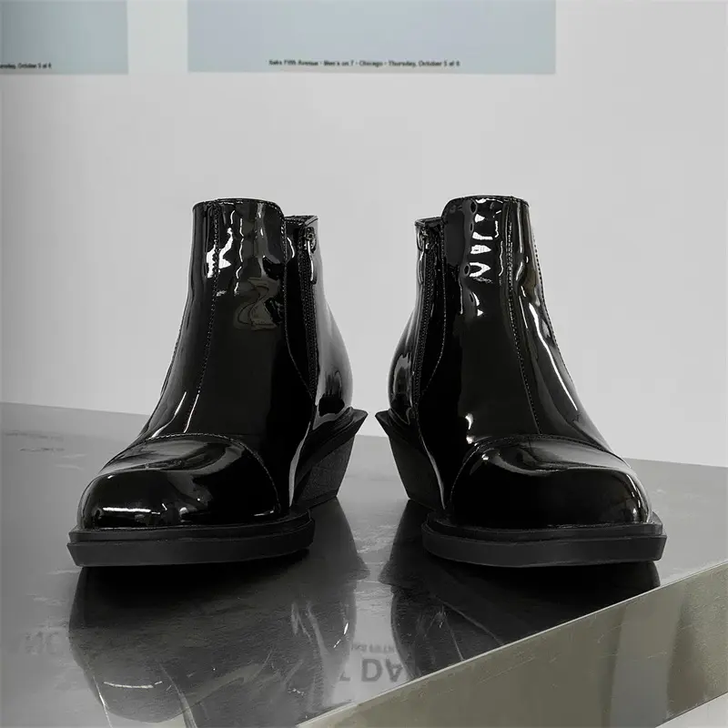 New Black Patent Leather Business Men Shoes Outdoor Fashion Autumn Winter Ankle Boots Vintage British Chelsea Boots Platform