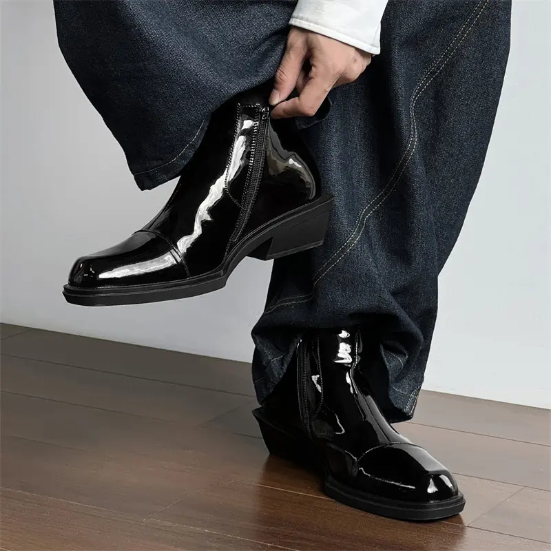 New Black Patent Leather Business Men Shoes Outdoor Fashion Autumn Winter Ankle Boots Vintage British Chelsea Boots Platform