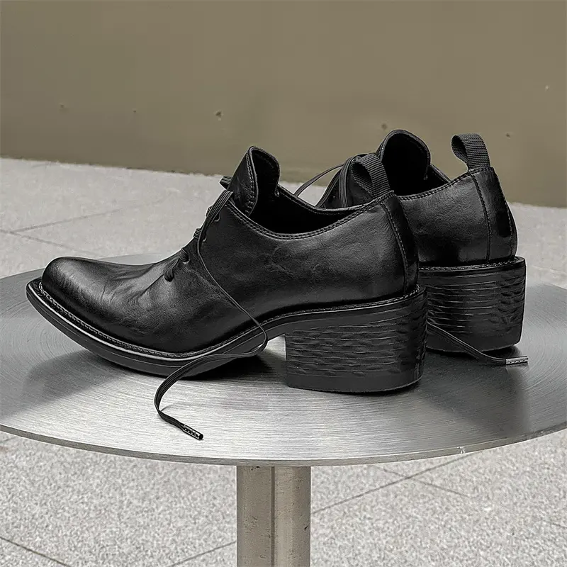 Luxury New Men Black Vintage Leather Shoes Height Increasing Shoes Outdoor Tooling Loafers British Sneakers Hair Stylist