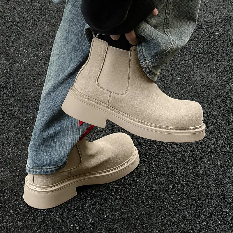 2025 New Luxury Handmade Men Tooling Ankle Boots Autumn Winter Dress Cow Suede Leather Shoes Platform Boots Chelsea Boots
