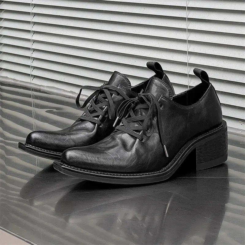Luxury New Men Black Vintage Leather Shoes Height Increasing Shoes Outdoor Tooling Loafers British Sneakers Hair Stylist
