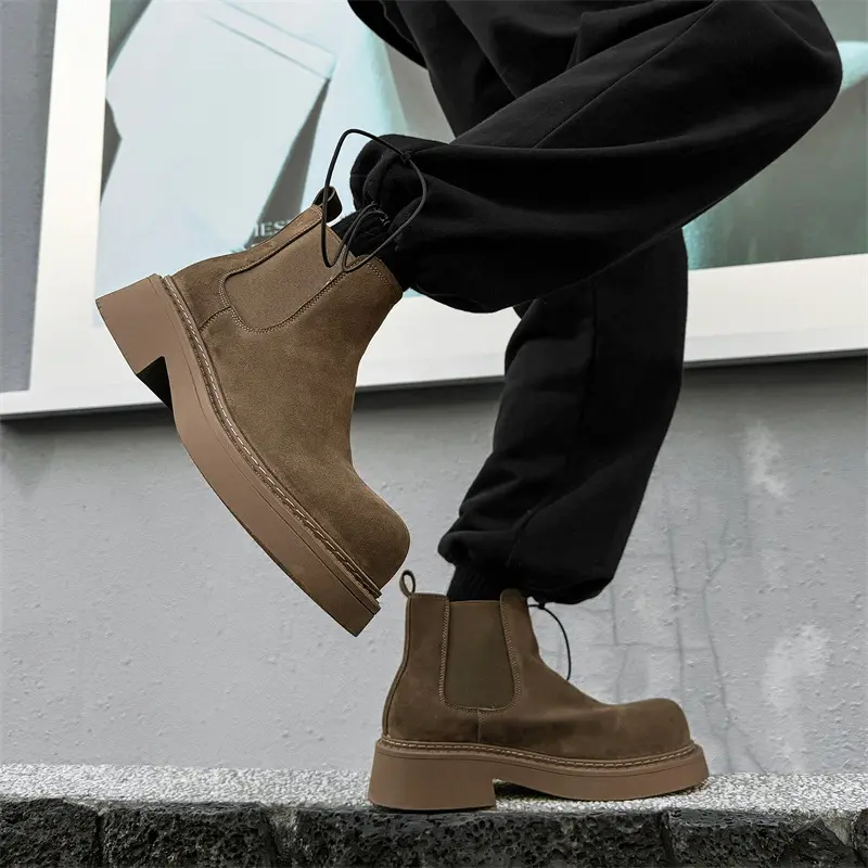 2025 New Luxury Handmade Men Tooling Ankle Boots Autumn Winter Dress Cow Suede Leather Shoes Platform Boots Chelsea Boots