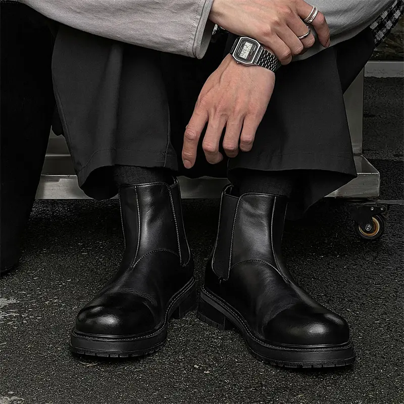 New Black High Quality Men Vintage British Leather Shoes Outdoor Dress Tooling Ankle Boots Business Chelsea Boots Men Boots