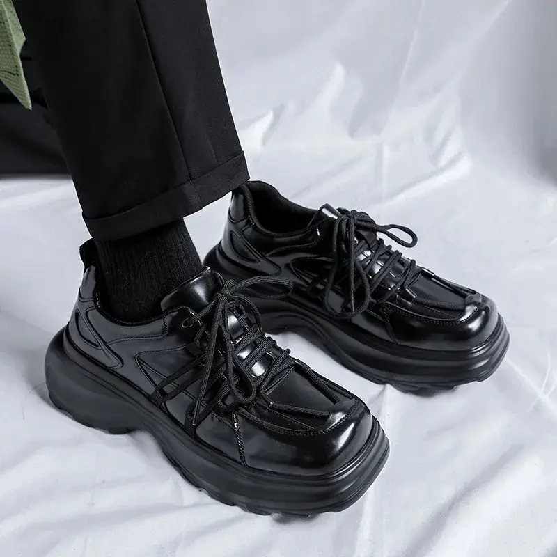 Black Luxury Sneakers Men Vintage British Dress Leather Shoes Spring Autumn Breathable Height Increasing Designer Loafer Fashion