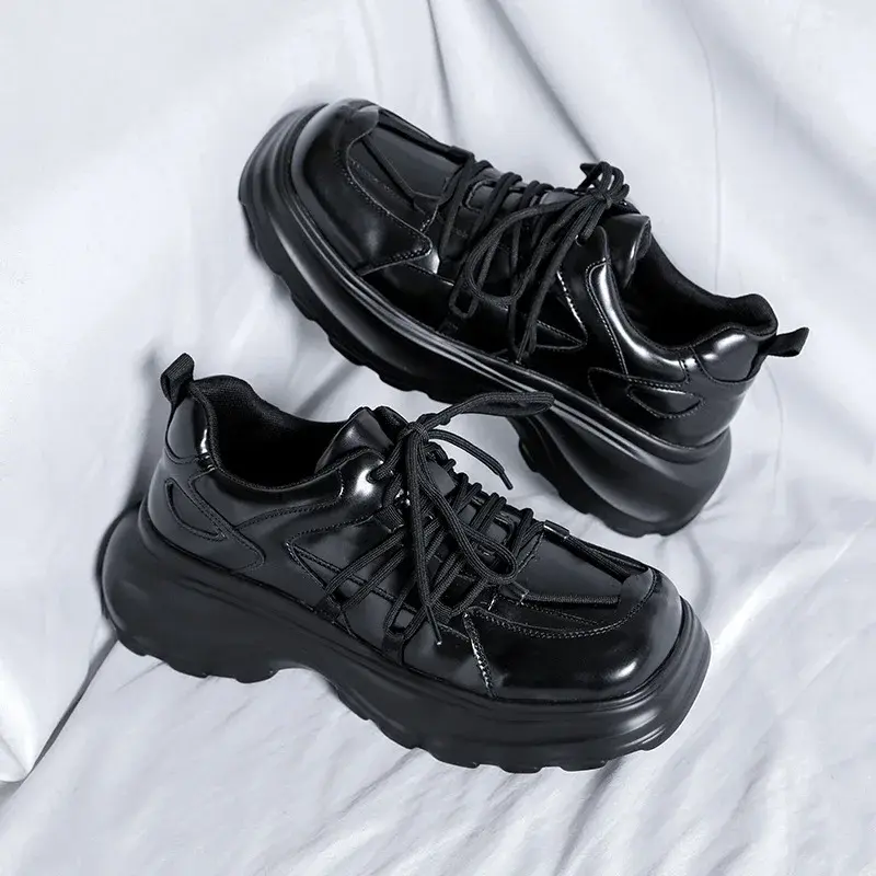 Black Luxury Sneakers Men Vintage British Dress Leather Shoes Spring Autumn Breathable Height Increasing Designer Loafer Fashion