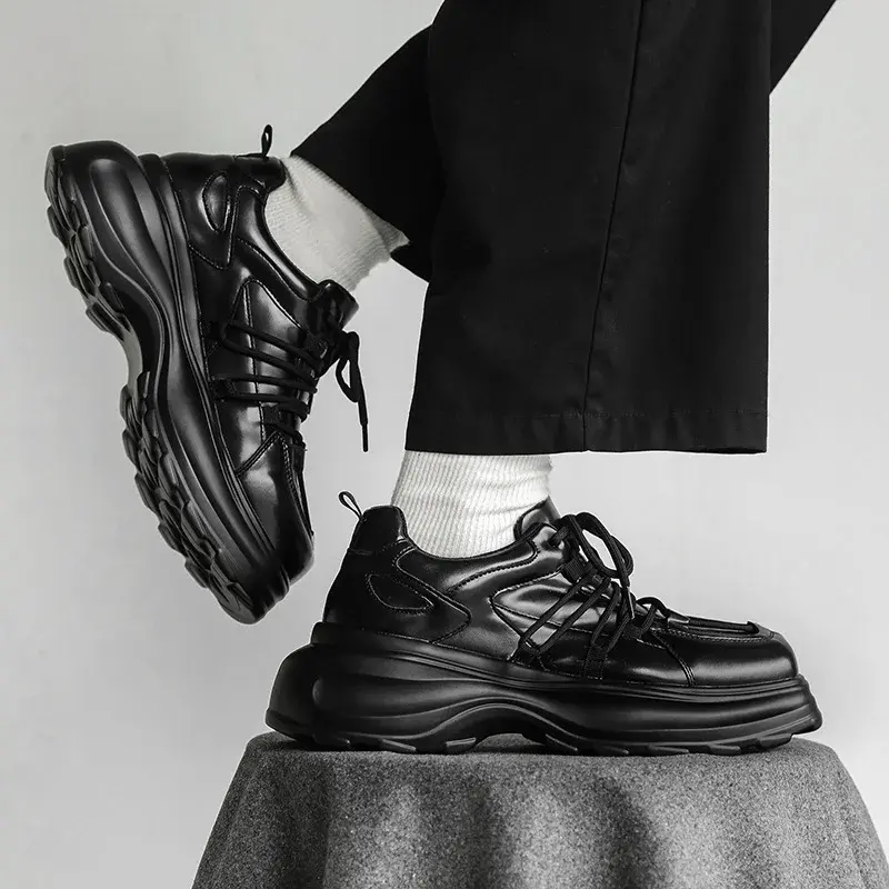 Black Luxury Sneakers Men Vintage British Dress Leather Shoes Spring Autumn Breathable Height Increasing Designer Loafer Fashion