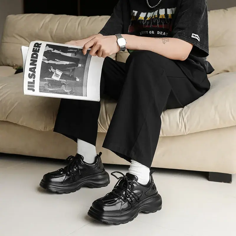 Black Luxury Sneakers Men Vintage British Dress Leather Shoes Spring Autumn Breathable Height Increasing Designer Loafer Fashion