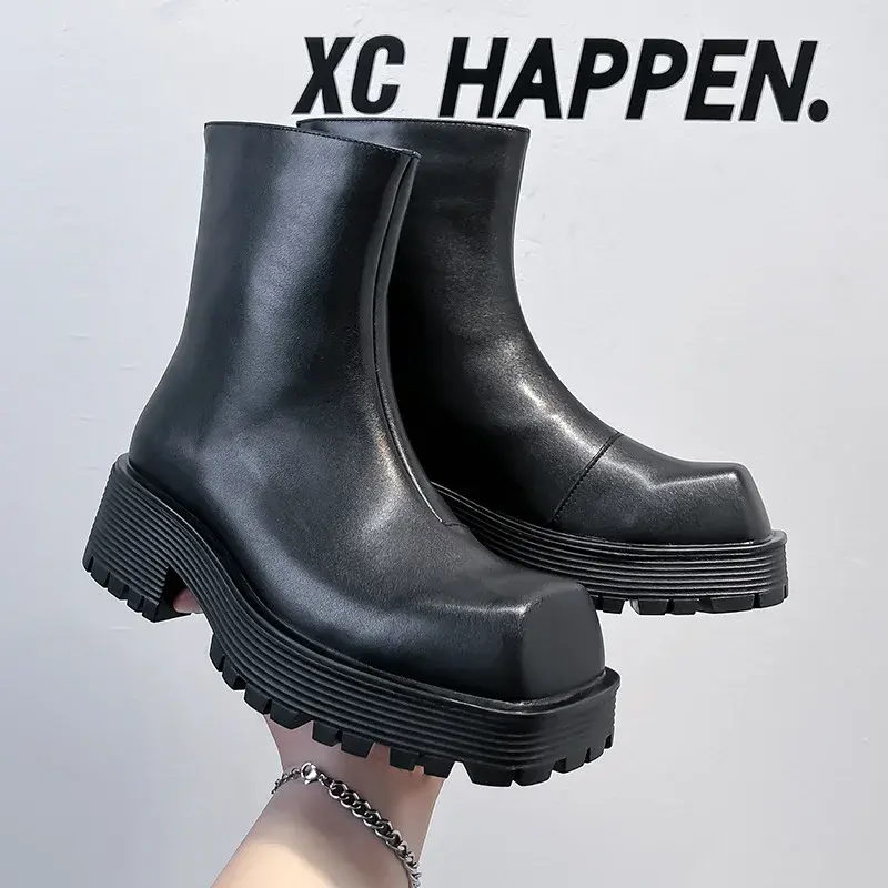 2025 Square Toe Black Vintage British Men Boots Height Increasing Shoes Dress Leather Shoes Luxury Chelsea Boots Men Tooling